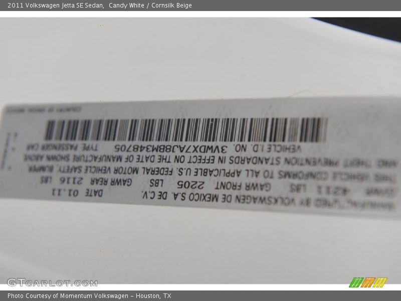 Candy White / Cornsilk Beige 2011 Volkswagen Jetta SE Sedan