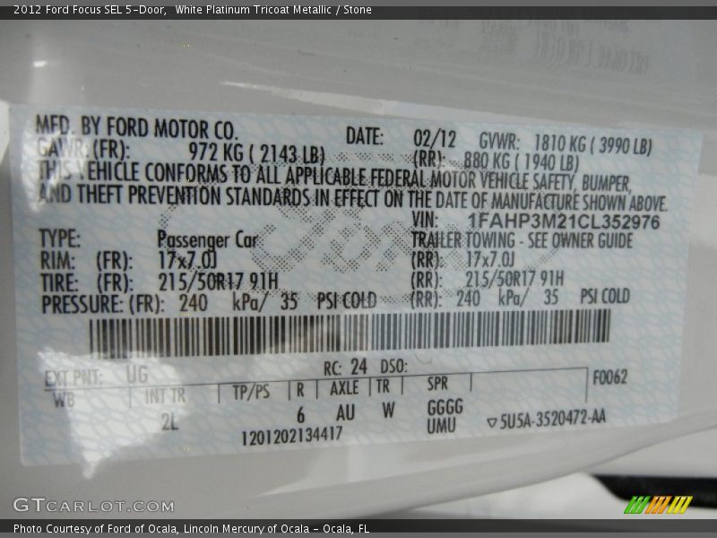 2012 Focus SEL 5-Door White Platinum Tricoat Metallic Color Code UG