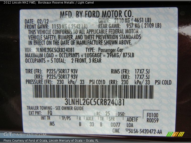 2012 MKZ FWD Bordeaux Reserve Metallic Color Code FQ