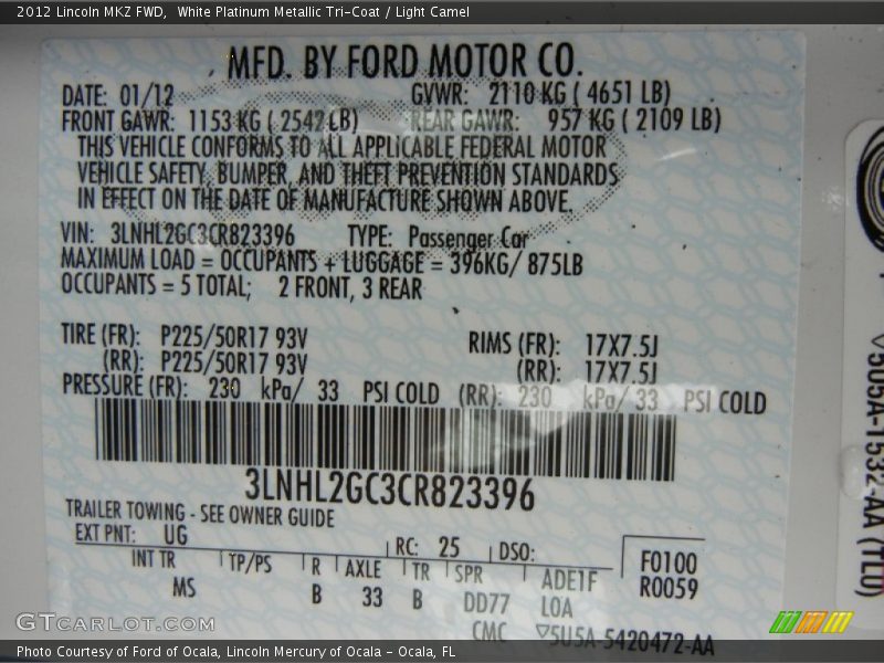 White Platinum Metallic Tri-Coat / Light Camel 2012 Lincoln MKZ FWD