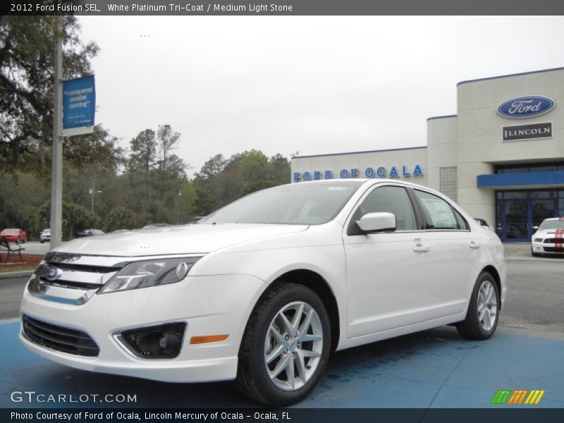 White Platinum Tri-Coat / Medium Light Stone 2012 Ford Fusion SEL