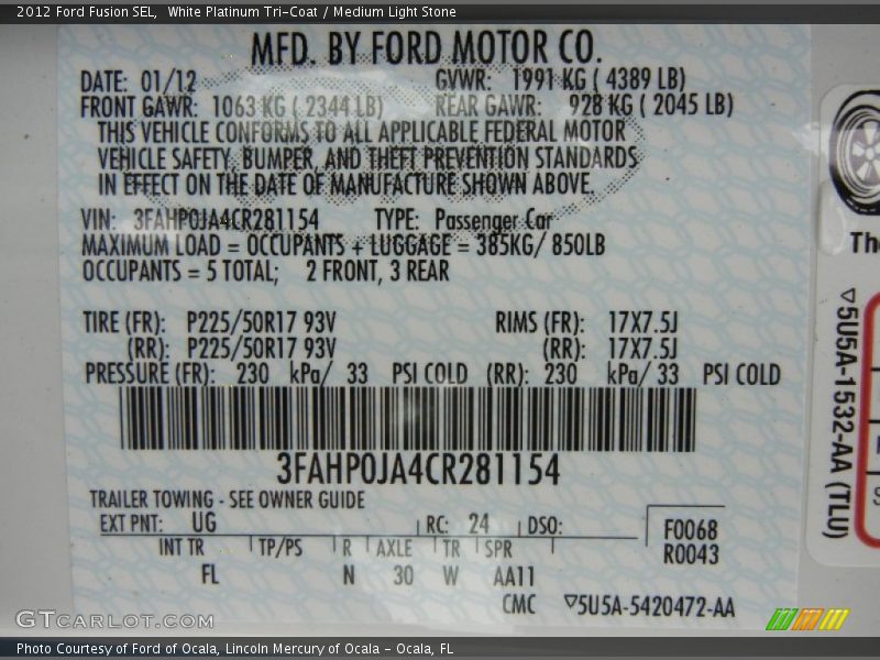 White Platinum Tri-Coat / Medium Light Stone 2012 Ford Fusion SEL
