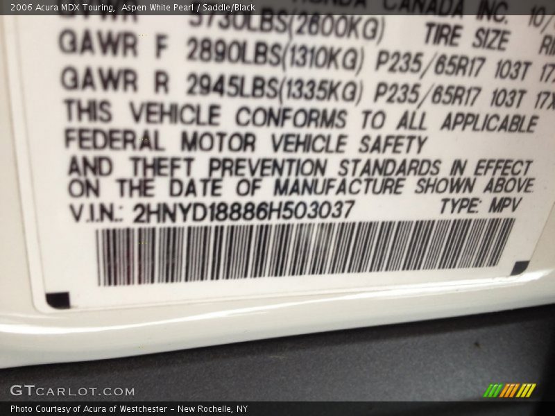 Aspen White Pearl / Saddle/Black 2006 Acura MDX Touring