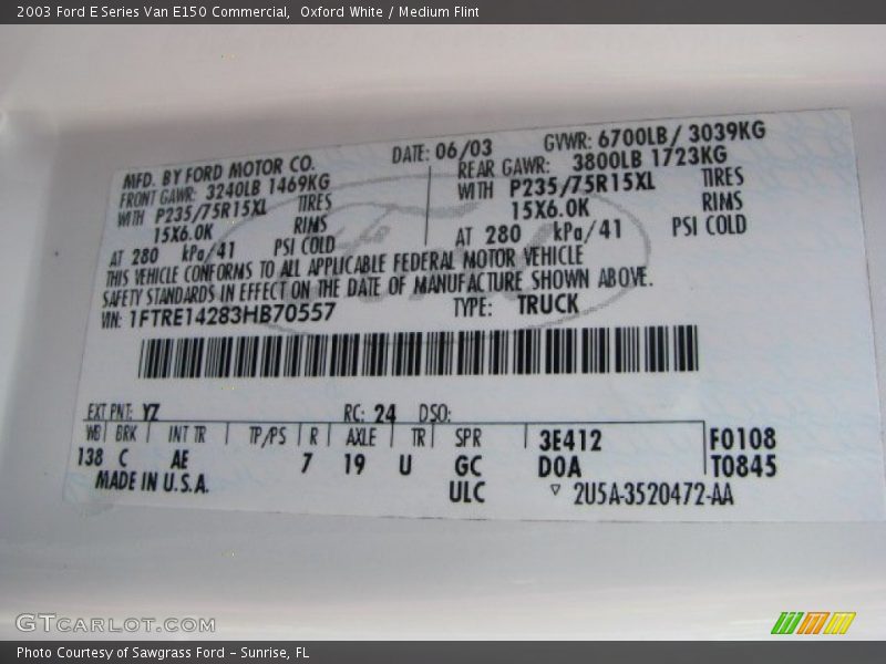 2003 E Series Van E150 Commercial Oxford White Color Code YZ