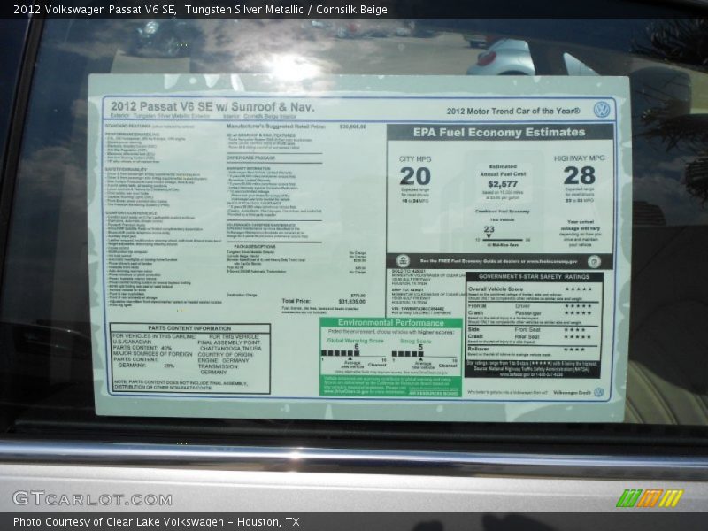 Tungsten Silver Metallic / Cornsilk Beige 2012 Volkswagen Passat V6 SE