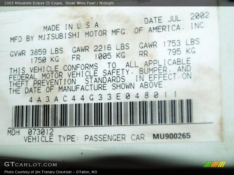 Dover White Pearl / Midnight 2003 Mitsubishi Eclipse GS Coupe