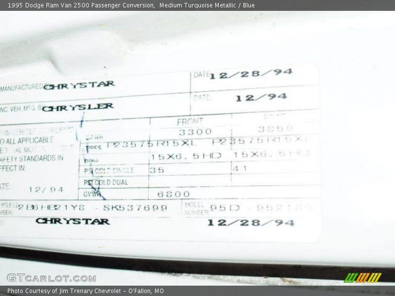 Medium Turquoise Metallic / Blue 1995 Dodge Ram Van 2500 Passenger Conversion