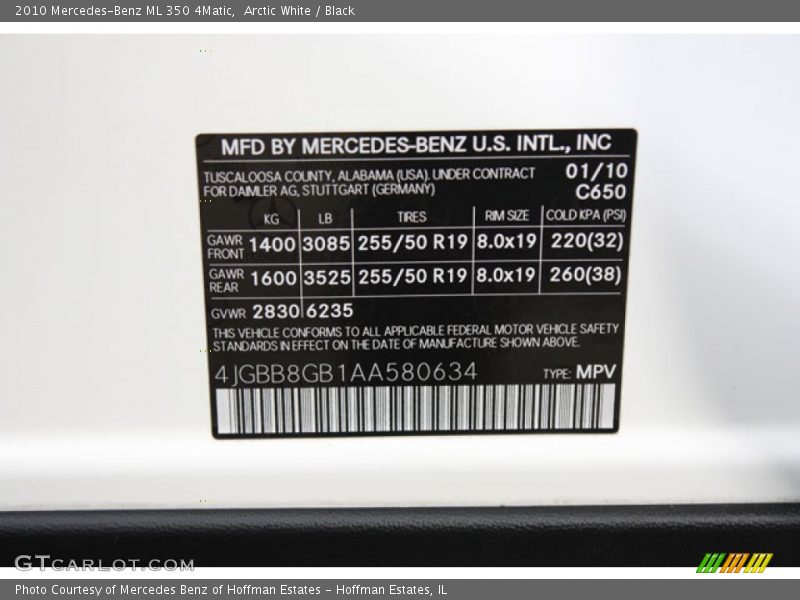 Arctic White / Black 2010 Mercedes-Benz ML 350 4Matic