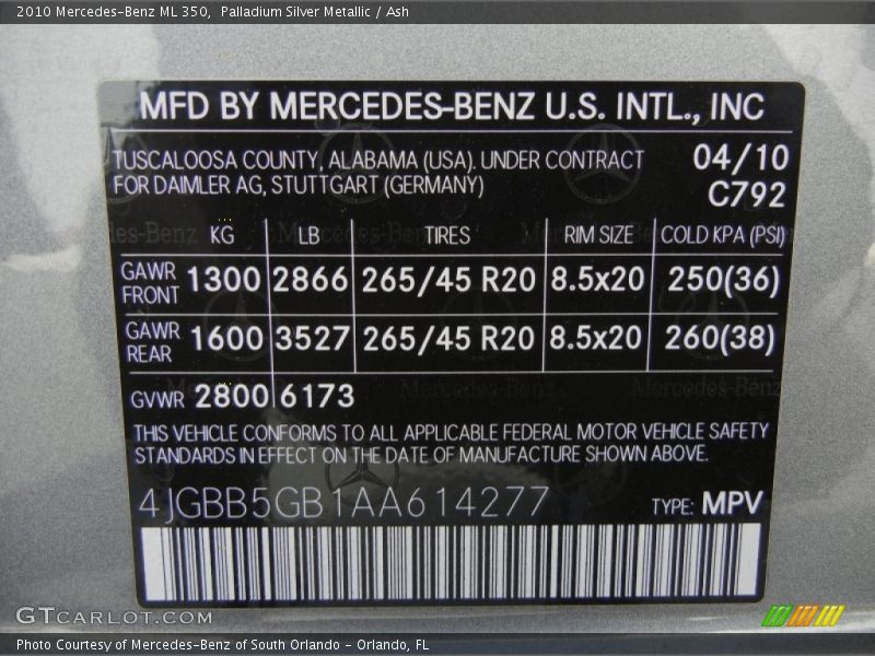 2010 ML 350 Palladium Silver Metallic Color Code 792