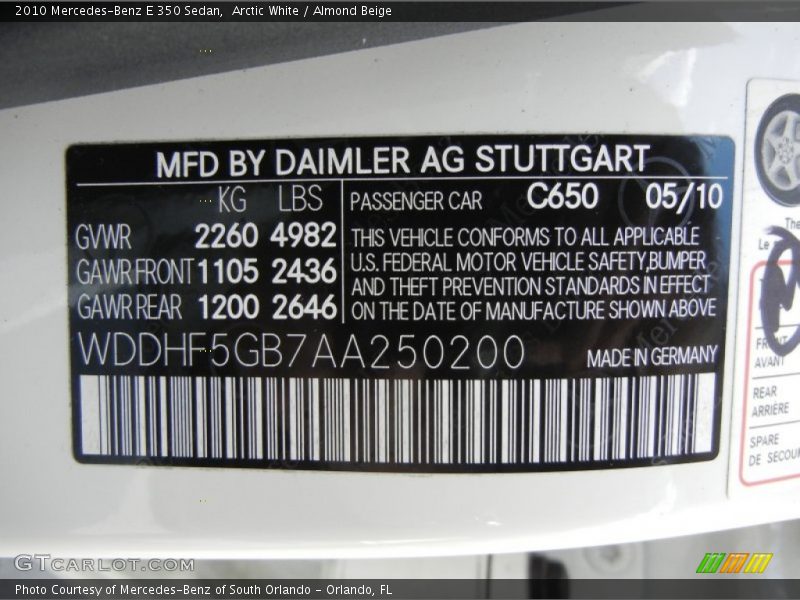Arctic White / Almond Beige 2010 Mercedes-Benz E 350 Sedan