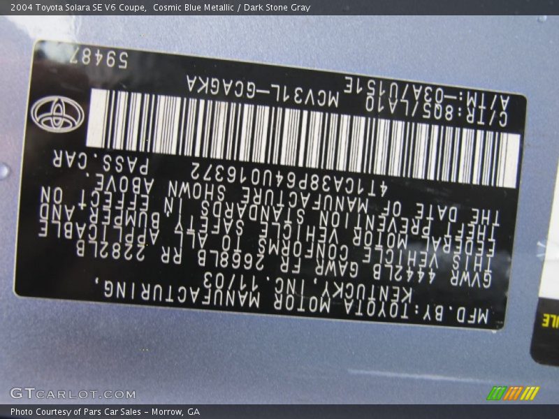 2004 Solara SE V6 Coupe Cosmic Blue Metallic Color Code 8Q5