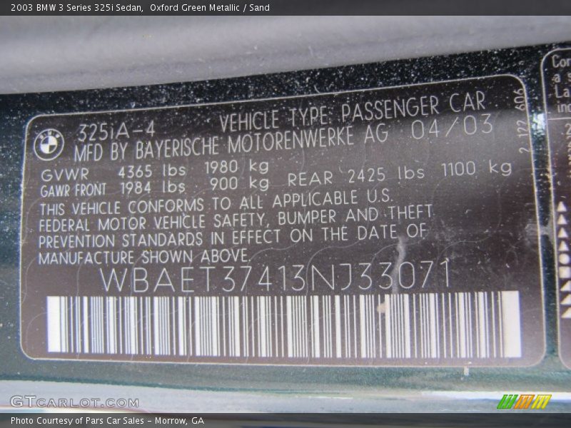 Oxford Green Metallic / Sand 2003 BMW 3 Series 325i Sedan
