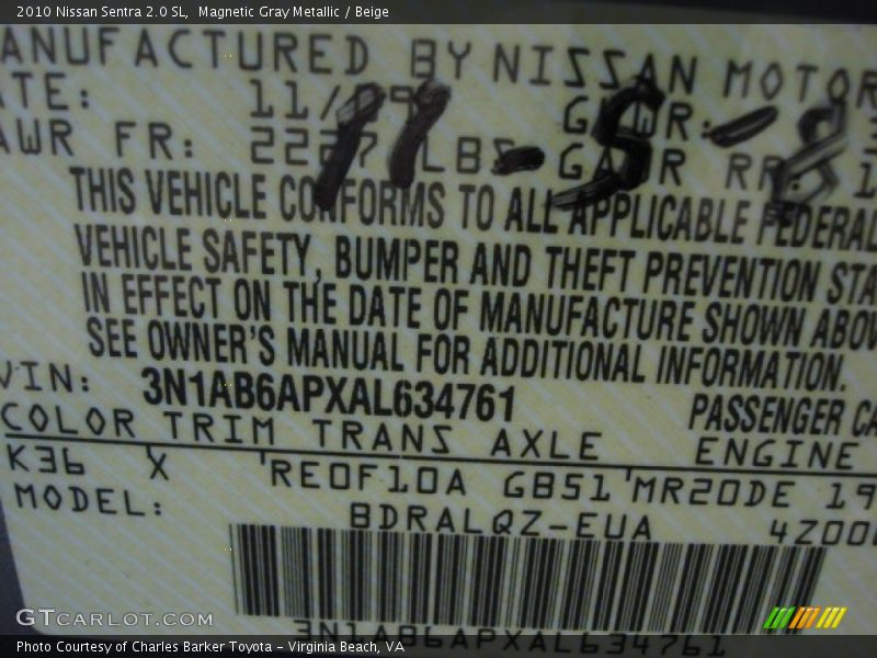 2010 Sentra 2.0 SL Magnetic Gray Metallic Color Code K36