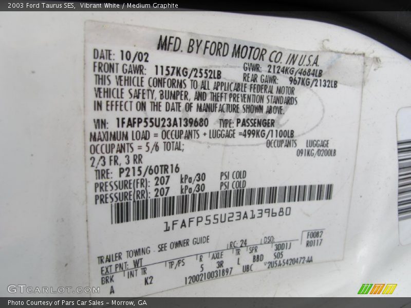 2003 Taurus SES Vibrant White Color Code WT