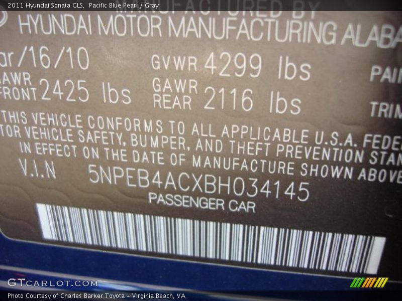 Pacific Blue Pearl / Gray 2011 Hyundai Sonata GLS