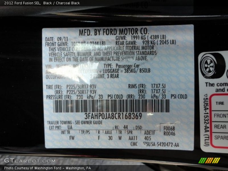 2012 Fusion SEL Black Color Code UA