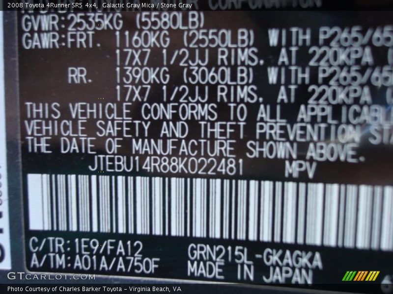 2008 4Runner SR5 4x4 Galactic Gray Mica Color Code 1E9