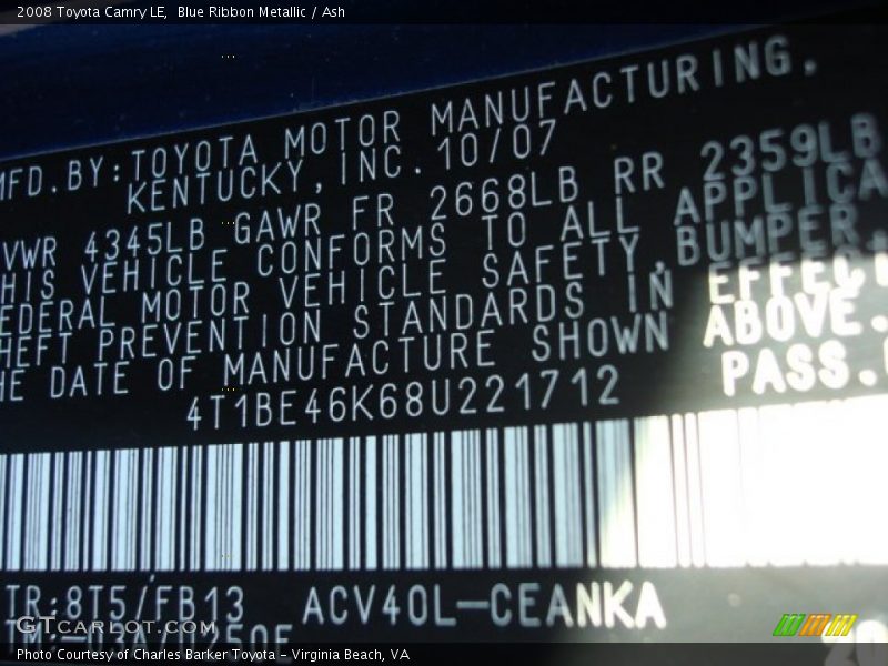 2008 Camry LE Blue Ribbon Metallic Color Code 8T5
