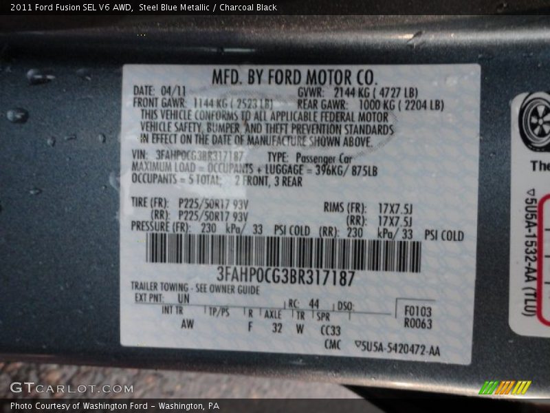 2011 Fusion SEL V6 AWD Steel Blue Metallic Color Code UN