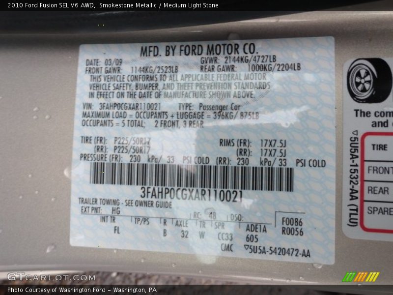 2010 Fusion SEL V6 AWD Smokestone Metallic Color Code HG