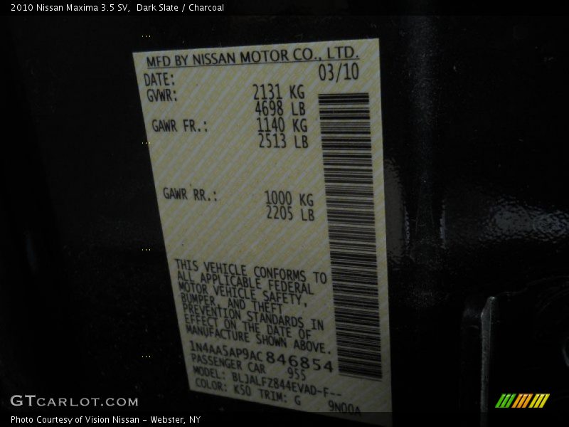 2010 Maxima 3.5 SV Dark Slate Color Code K50