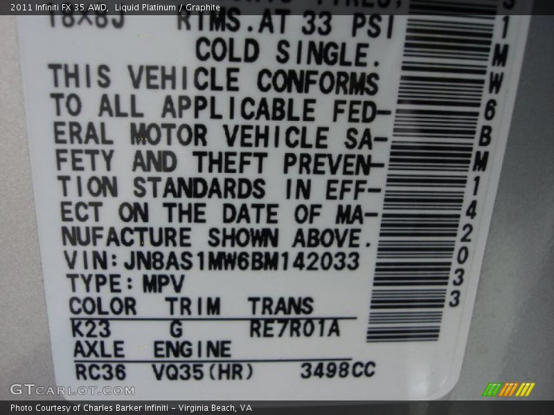 Liquid Platinum / Graphite 2011 Infiniti FX 35 AWD