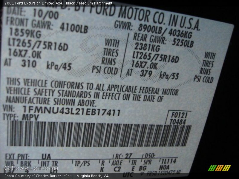 2001 Excursion Limited 4x4 Black Color Code UA