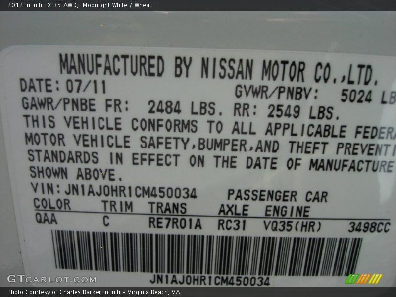 2012 EX 35 AWD Moonlight White Color Code QAA