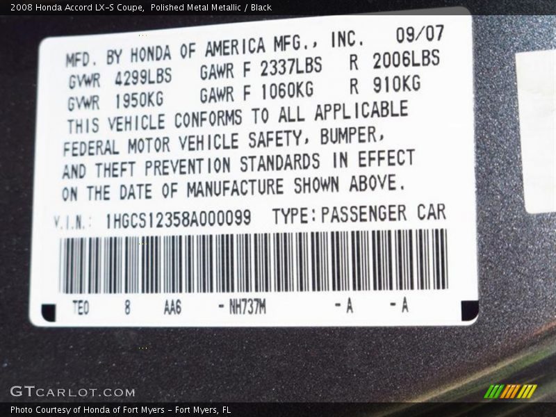 2008 Accord LX-S Coupe Polished Metal Metallic Color Code NH737M