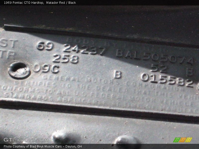 Info Tag of 1969 GTO Hardtop