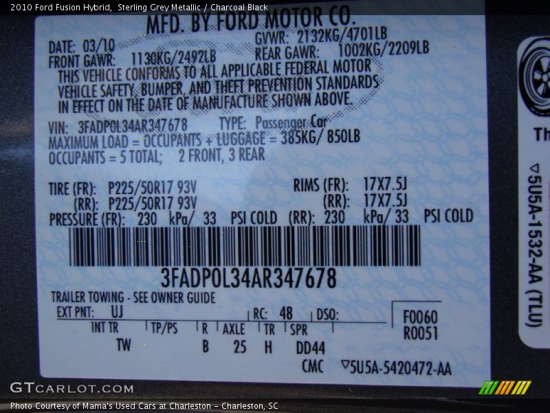 2010 Fusion Hybrid Sterling Grey Metallic Color Code UJ