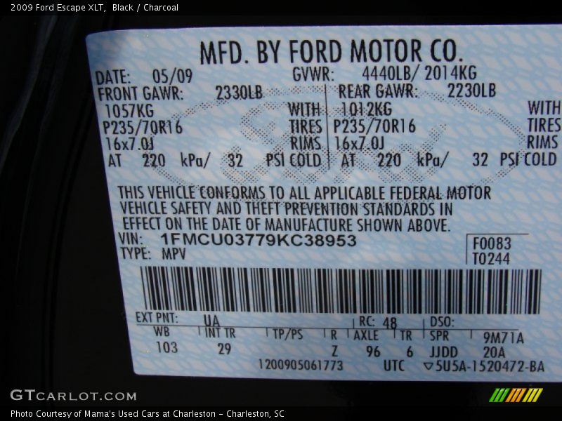 Black / Charcoal 2009 Ford Escape XLT