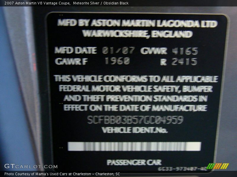 Meteorite Silver / Obsidian Black 2007 Aston Martin V8 Vantage Coupe