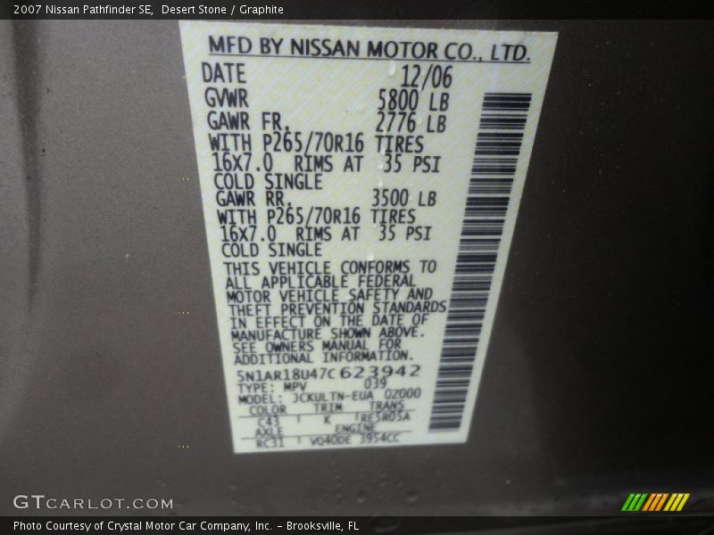 2007 Pathfinder SE Desert Stone Color Code C43