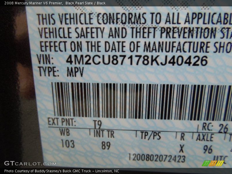 2008 Mariner V6 Premier Black Pearl Slate Color Code T9