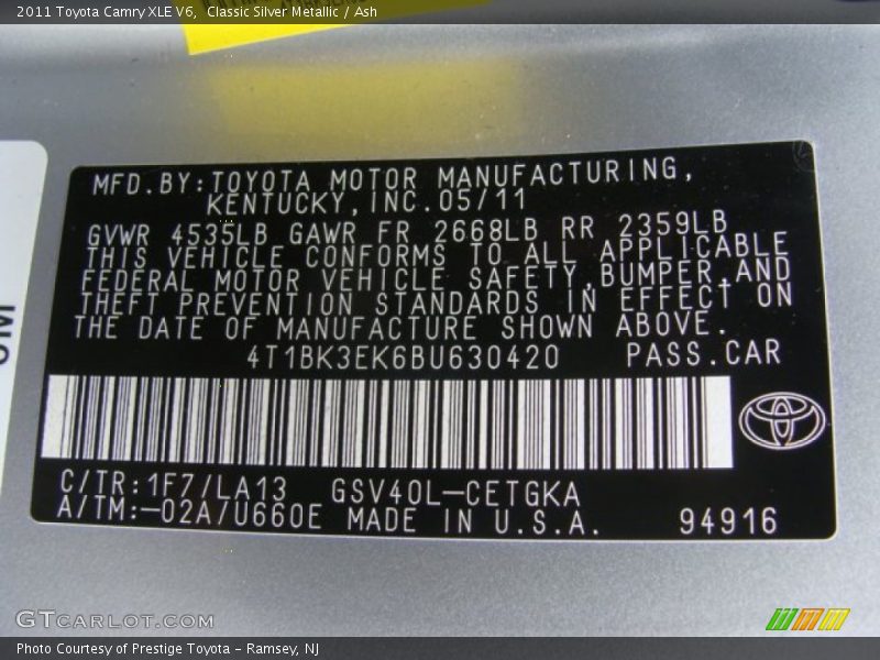 2011 Camry XLE V6 Classic Silver Metallic Color Code 1F7
