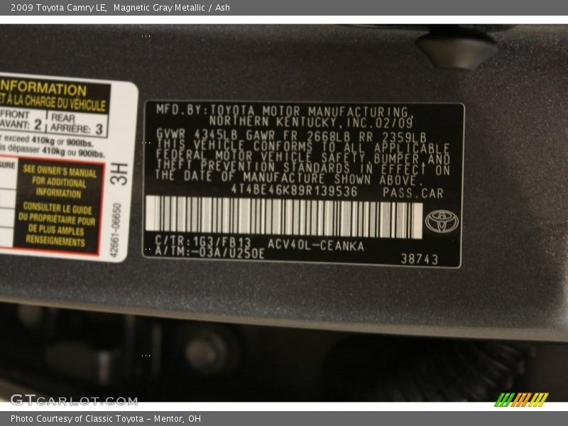 2009 Camry LE Magnetic Gray Metallic Color Code 1G3