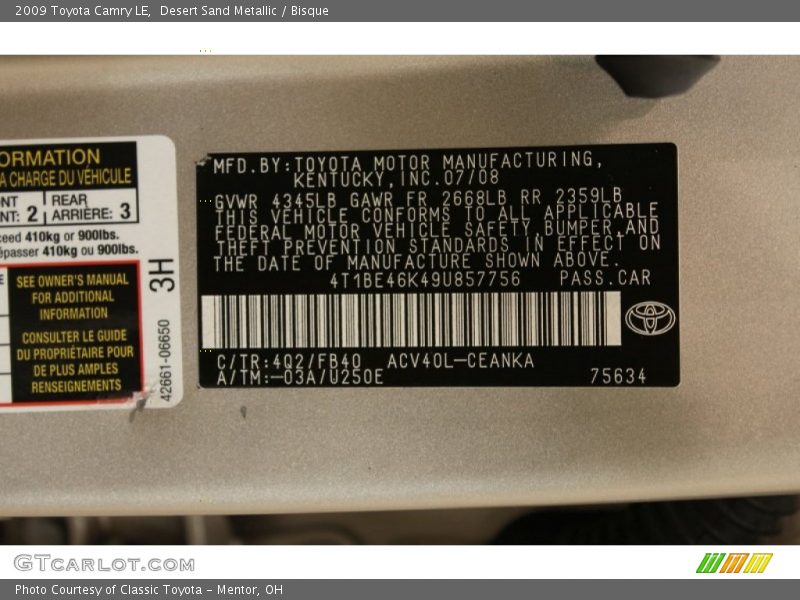 2009 Camry LE Desert Sand Metallic Color Code 4Q2