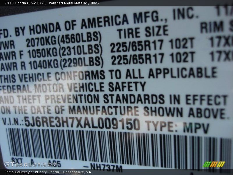 Polished Metal Metallic / Black 2010 Honda CR-V EX-L