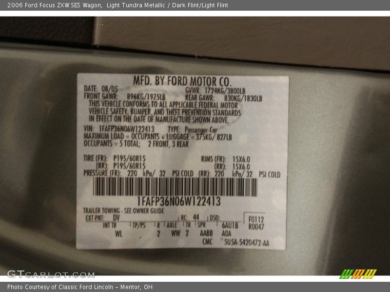 2006 Focus ZXW SES Wagon Light Tundra Metallic Color Code DV