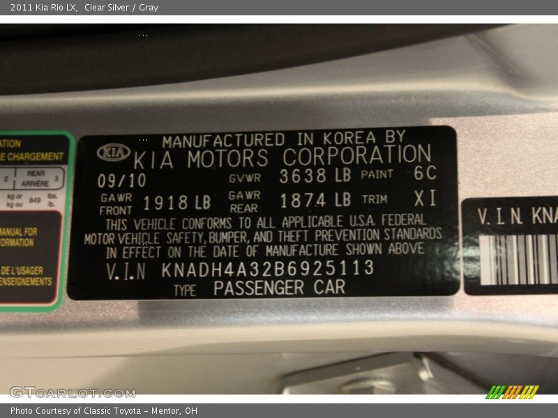 2011 Rio LX Clear Silver Color Code 6C