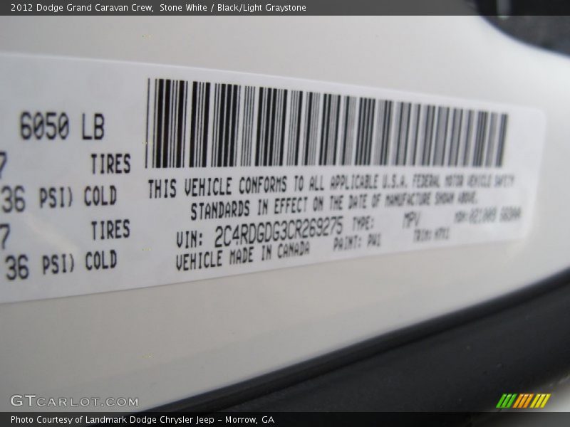 2012 Grand Caravan Crew Stone White Color Code PW1