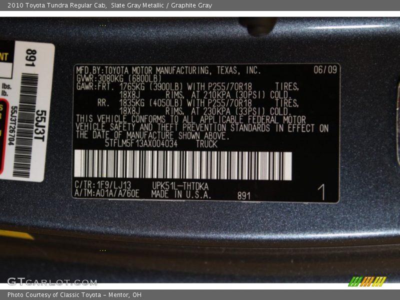 2010 Tundra Regular Cab Slate Gray Metallic Color Code 1F9