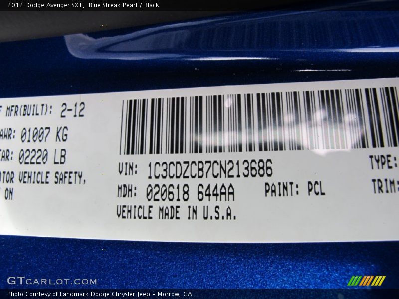 Blue Streak Pearl / Black 2012 Dodge Avenger SXT