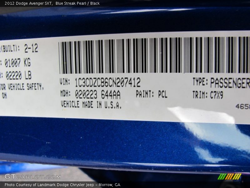 2012 Avenger SXT Blue Streak Pearl Color Code PCL