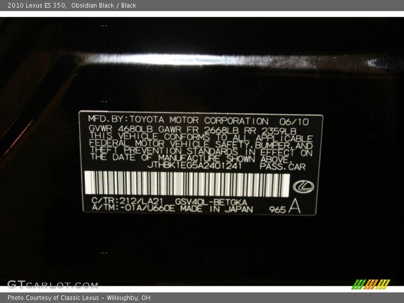 Obsidian Black / Black 2010 Lexus ES 350