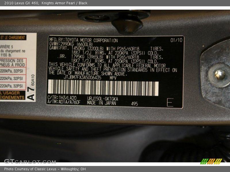 2010 GX 460 Knights Armor Pearl Color Code 1H3