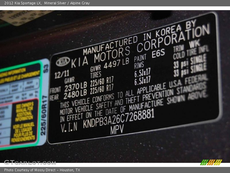 2012 Sportage LX Mineral Silver Color Code E6S