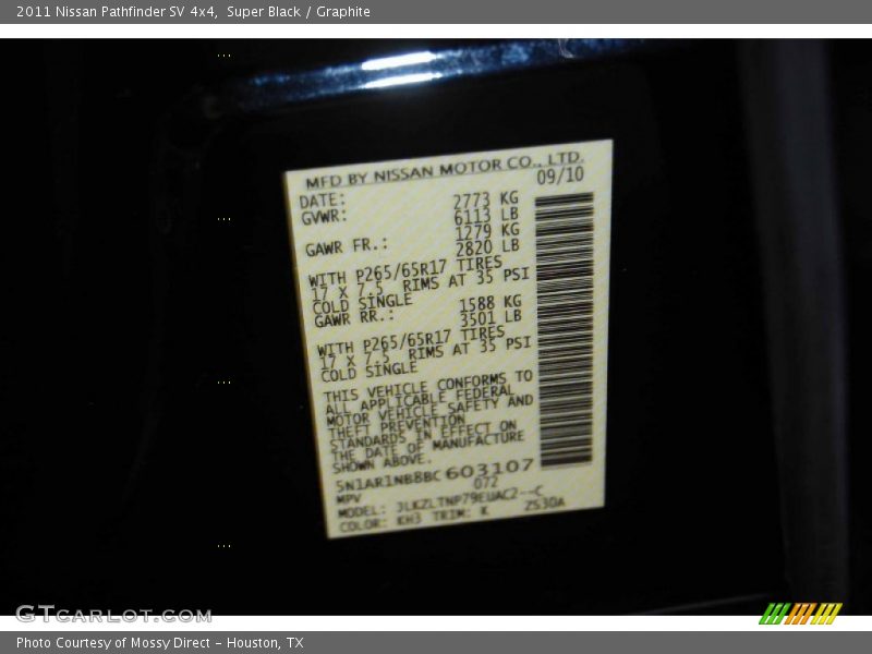 2011 Pathfinder SV 4x4 Super Black Color Code KH3
