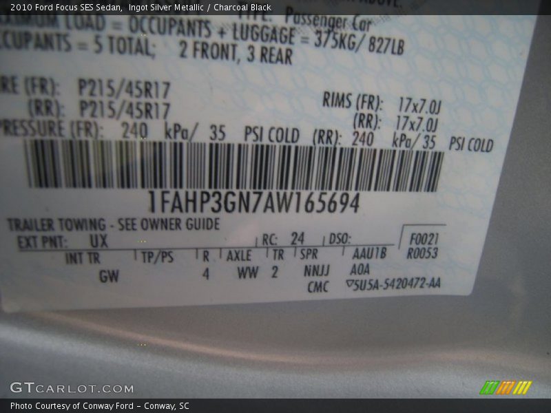 2010 Focus SES Sedan Ingot Silver Metallic Color Code UX
